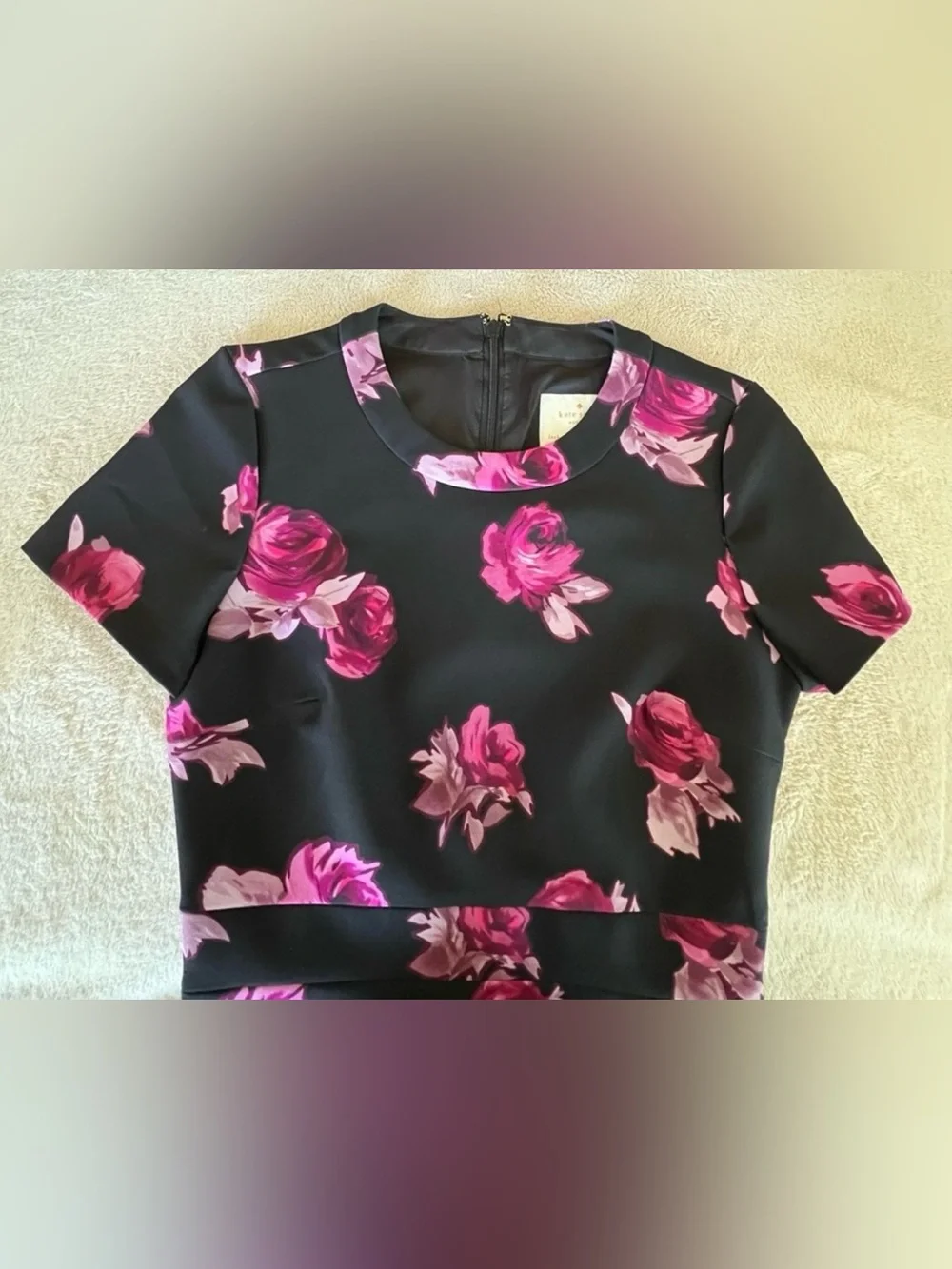 Kate Spade Encore Rose Crepe Floral A-Line Fare Black and Pink Floral Dress